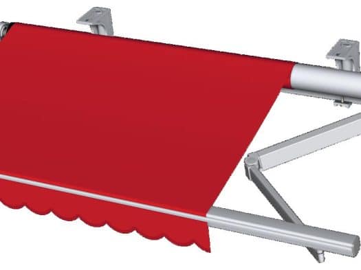 Gelenkarmmarkise mit roter Kassette und sichtbaren Gelenkarmen – Produktansicht