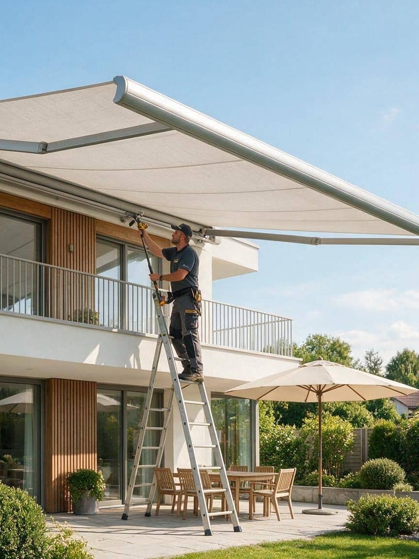 Fachmann wartet eine Markise an einem modernen Wohnhaus