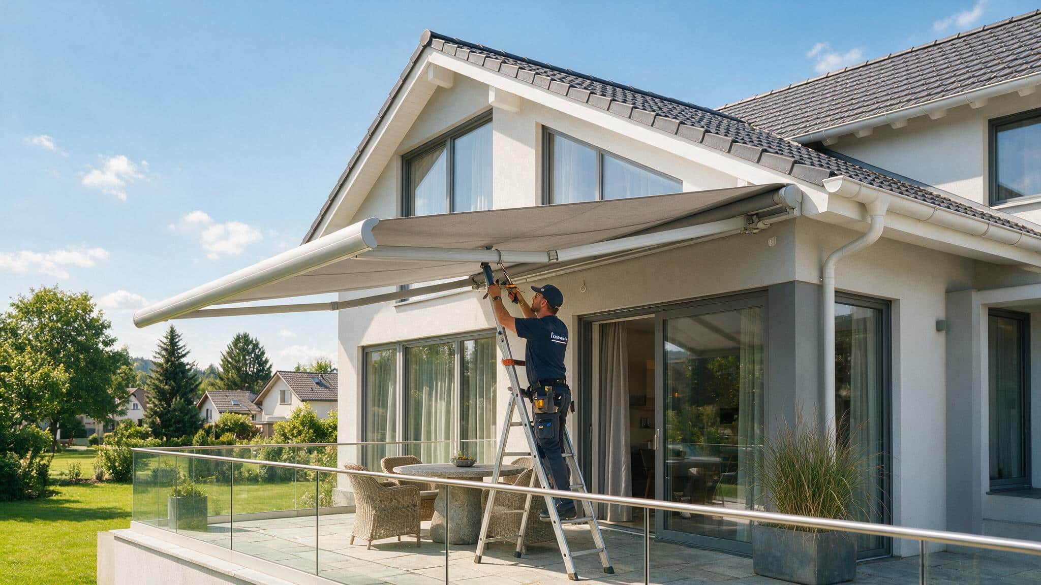 Reparatur einer Terrassenmarkise durch Schattenmacher Monteur repariert eine Gelenkarmmarkise auf einer Terrasse