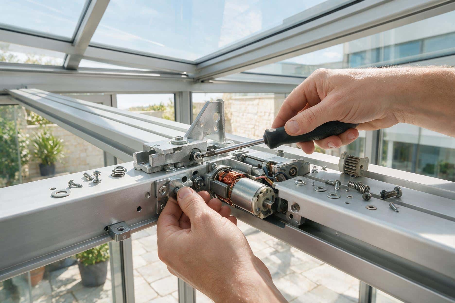 Motorreparatur Glasdach / Terrassendach Reparatur des Motors und der Mechanik eines Glas-Terrassendachs